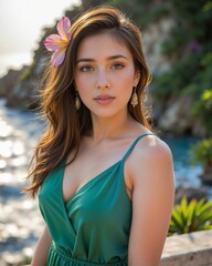 Woman in Green Dress with Flower in Hair by a Scenic Beach Background