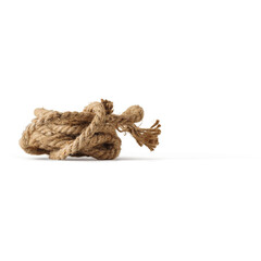 A coiled piece of natural rope, showcasing its texture and form.