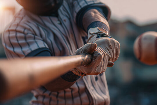A baseball player swings a bat at a ball. The batter is wearing a glove and a helmet