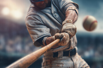 Baseball player swings a bat at a ball. The batter is wearing a striped shirt and gloves