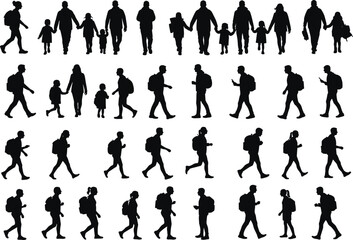 Silhouettes of walking people, families holding hands, individuals with backpacks, group diversity, casual motion illustration, isolated black vector, inclusive design, lifestyle concept