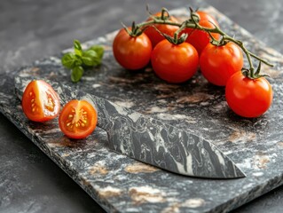 Cherry tomato with knife on the side.