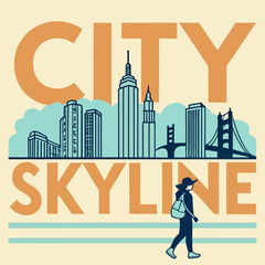 Illustration of a city skyline with tall buildings, a bridge, and a person walking in the foreground