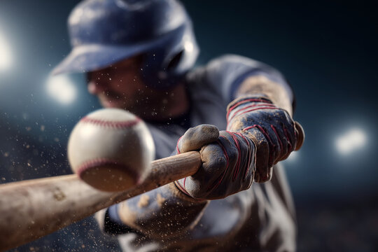 A baseball player swings his bat at a ball. The batter is wearing a blue helmet and a blue cap - Powered by Adobe