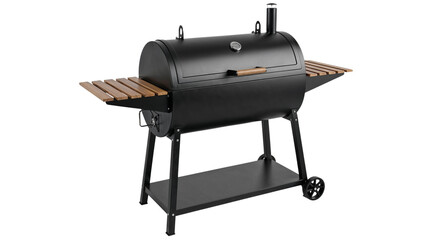 Traditional black charcoal grill with wooden shelves and wheels  