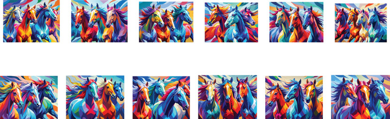 Fototapeta premium abstract colorful horses wallpaper set vector illustration