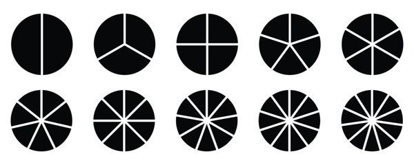 Pie chart circle division infographic icon set. Set of Percentage Indicators. Progress Indicator Icons for UI Design. Business infographic vector set.   Percentage Pie Charts from 2 to 12 Percent. 