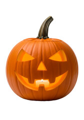 PNG cut out isolated background. A classic orange jack-o'-lantern is presented, featuring a carved smiling face with triangular eyes and nose, and illuminated from within by a warm glowing candle.
