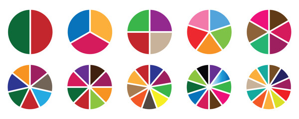 Circle diagram collection with sections or parts. Colorful diagram collection with 2,3,4,5,6 sections or steps. pie chart divided equal parts, ring percentage wheel, Segmented circle icons for infogra