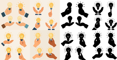Vector Set Hands with light bulbs and silhouette. Glowing bulb idea metaphor, solution, innovation and creative idea flat vector illustration set. Great ideas concept
