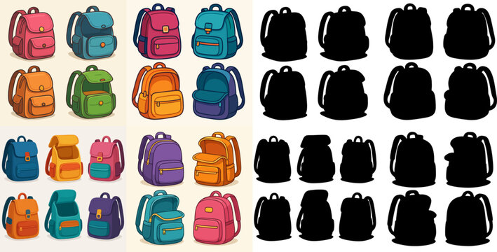 Cartoon school backpacks and silhouette. Empty school bags, colorful open and close textile backpacks flat vector illustration set. School, sport or travel bags collection