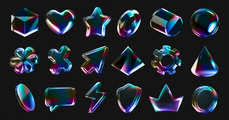 Set of 3d transparent glass shapes with holographic rainbow light and overlay gradient effect. Vector morphism, crystal hologram icon - heart, star, flower, speech bubble and arrow on dark background.