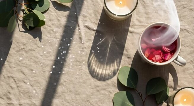Steaming Rose Buds Tea with Eucaliptus and Candles on Neutral Linen Bokeh Natural Light in Boho Feminine Minimal Flat Lay Style