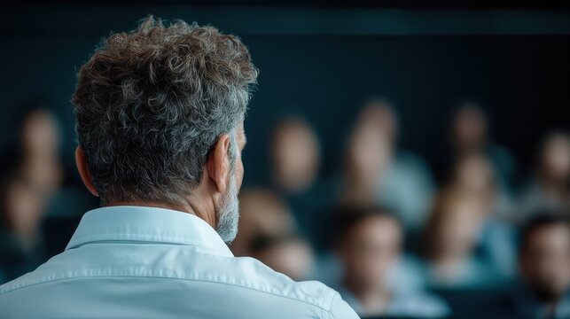 A bearded man stands before an attentive audience in a conference setting, sharing insights and knowledge with a backdrop of various engaged listeners and focused expressions.