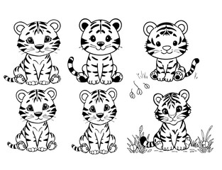 Cute tiger cub set for coloring book. Black and white vector illustration for kids.
