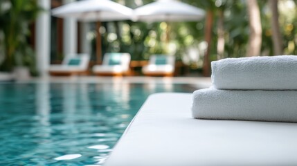 This serene image depicts neatly stacked soft towels by a tranquil swimming pool surrounded by lush greenery, inviting relaxation and a luxurious getaway experience.