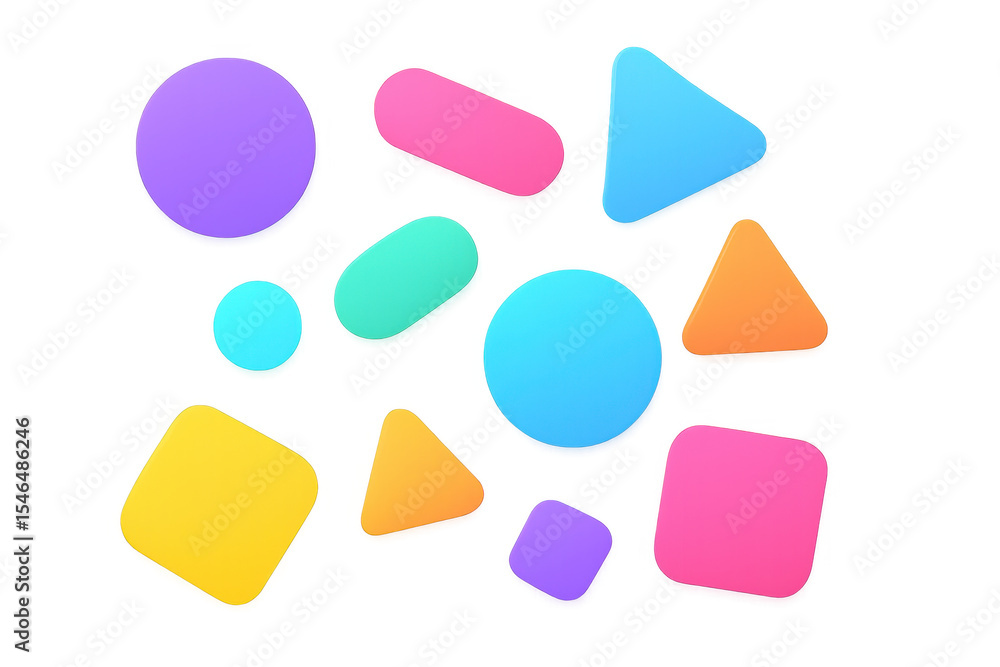 Poster vibrant geometric shapes in various colors and sizes float against a transparent background, creatin