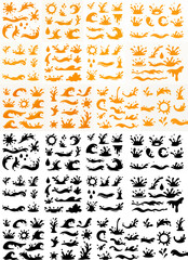 Vector Set Juice splash silhouettes. Cartoon liquid orange juice drops, flows and waves, liquid orange juice splashes flat vector illustration set. Orange juice splash silhouettes