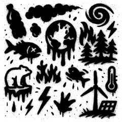 Climate Change Icons - Spray Paint Graffiti Symbols with Blood Splatter Effect - Transparent PNG