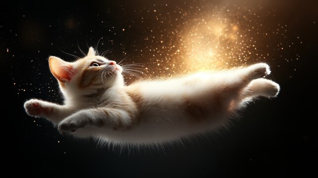 A charming cat floats playfully against a cosmic backdrop, merging the whimsical with the otherworldly, igniting a sense of wonder and creativity in viewers of all ages.