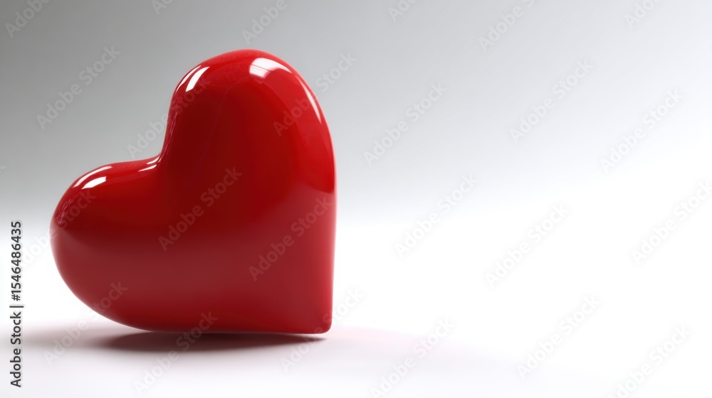 Poster glossy vibrant red heart-shaped object on smooth gradient background transitioning from light grayis
