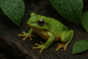 Obraz premium Green tree frog perched on rain-soaked log with water droplets on skin and fresh leafy background