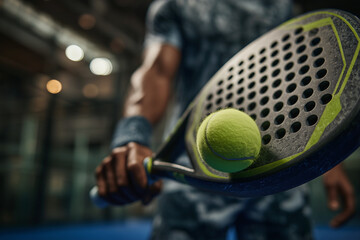 Paddle tennis racket hitting ball. Close- up on the racket