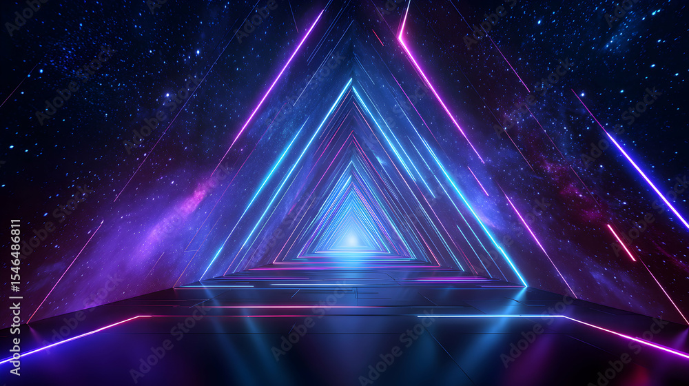 Poster neon light tunnel with triangular shapes against a cosmic background