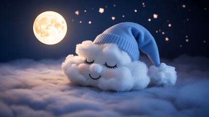 Sleeping cloud with nightcap under full moon