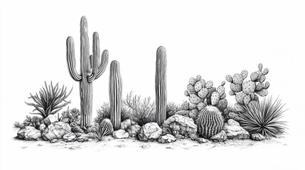 Detailed grayscale drawing of desert cacti and plants