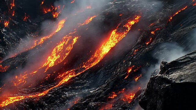 Molten Lava Flowing Down a Volcano