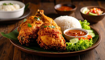 Traditional Indonesian fried chicken, better known as pecel ayam, served with chili sauce and fresh vegetables on a wooden table.