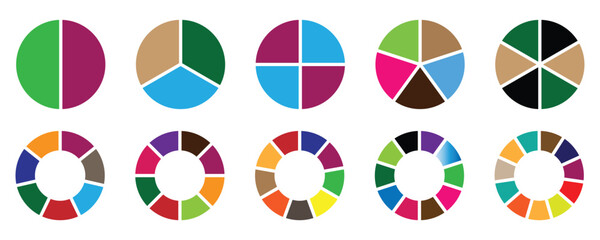 Circle diagram, Pie chart infographic set. Circle diagram collection with sections or parts. Colorful diagram collection with, 1 to 12 sections. Vector illustration isolated on white background. 
