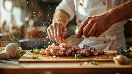 An experienced chef skillfully slices octopus in a bright kitchen, showcasing culinary talent and the art of food preparation, highlighting flavors and exquisite dishes.