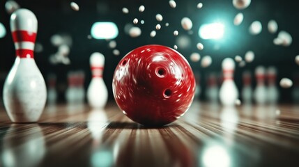 An action shot depicting a red bowling ball rolling smoothly towards a set of pins, capturing the excitement and anticipation of a perfect strike in motion.