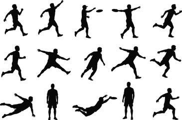 Frisbee silhouette collection, active sports poses, throwing catching diving, outdoor recreation illustration, dynamic athletic movement, team game concept, fitness fun, agility coordination