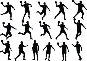 Handball silhouette collection, athlete action poses, sports competition concept, dynamic movement illustration, fitness training theme, team player graphic, athletic vector design, black shape