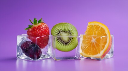 Vibrant fruit arrangement with ice cubes on purple background