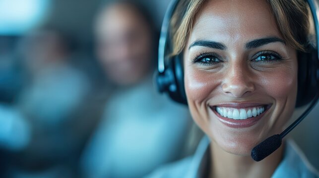 A cheerful customer service representative wearing a headset, radiating positivity and openness, embodying the essence of friendly and approachable service.