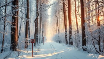 Snowy path through a winter forest with directional signs and sunlight
