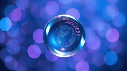 World globe inside a bubble with blue and purple bokeh background