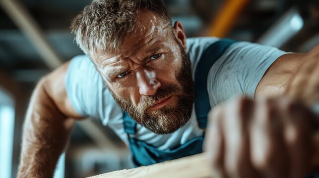 A dedicated craftsman intensely concentrates on his work in a woodshop, embodying the spirit of craftsmanship and hard work in a beautifully lit workshop filled with tools and materials.