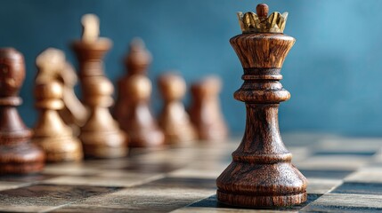Fototapeta premium Dark wooden queen standing on chessboard with blurred pieces in background