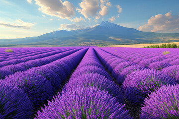 A vast lavender field in full bloom stretching toward a distant mountain range