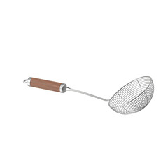 A metal skimmer with a wooden handle, used for straining or removing food from liquids.