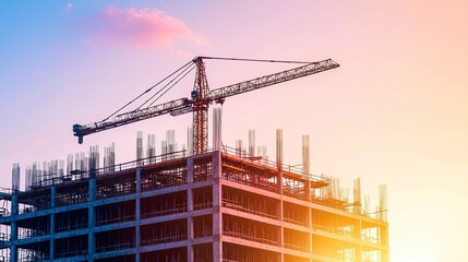 Construction site with a sunrise, soft morning light illuminating the construction site, a large building under construction, clear blue sky with pink hues