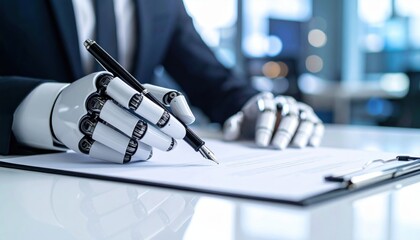 A robotic hand in a suit signing a document, illustrating AI integration into professional and legal environments and the automation of paperwork