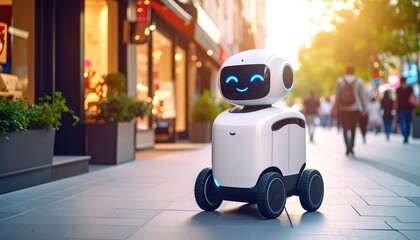 A cute delivery robot with a smiling screen face on a city sidewalk, portraying the friendly side of autonomous urban service technology