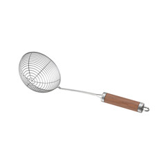 A stainless steel skimmer with a wooden handle, used for frying or straining food.
