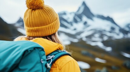 A young woman in a bright yellow hat admires the stunning mountainous landscape while carrying a backpack, embodying the spirit of adventure and exploration in nature.
